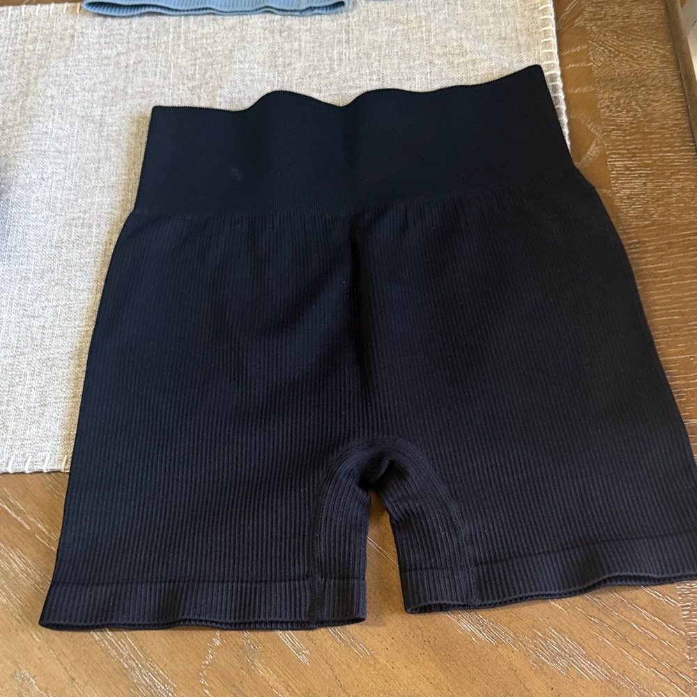 Ribbed High-Waist Bike Shorts Trio - Black, Gray, Light Blue - Picture 2 of 5